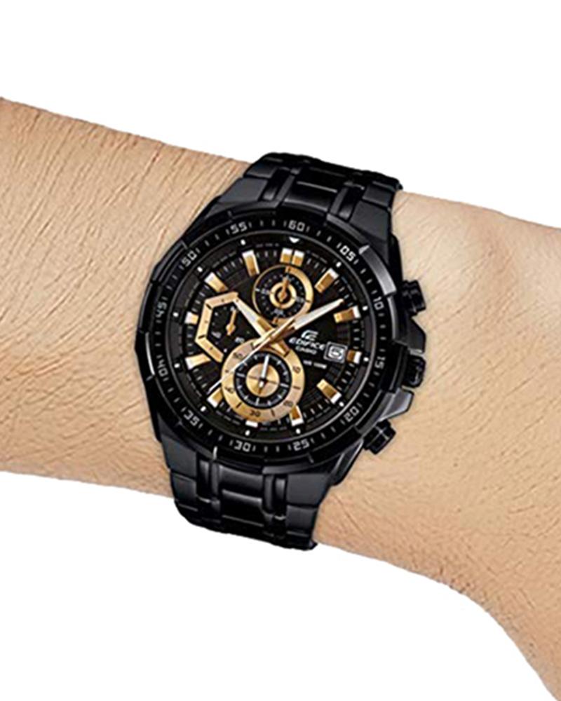 Chronograph Black & Gold Watch – 100M Water Resistant, Stainless Steel Band