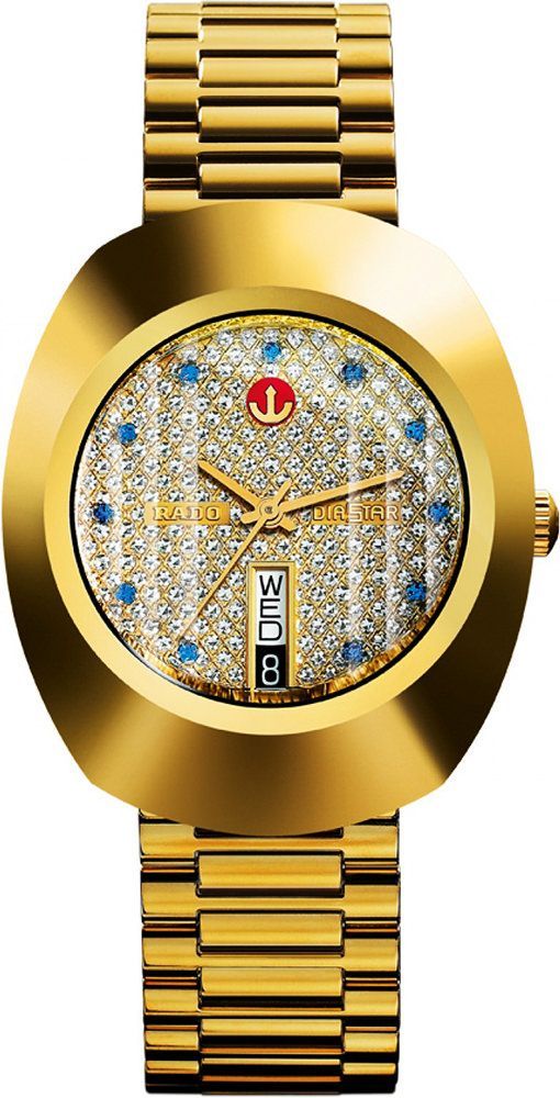 DiaStar Blue Dial Gold Watch – Premium Diamond Design with Day & Date